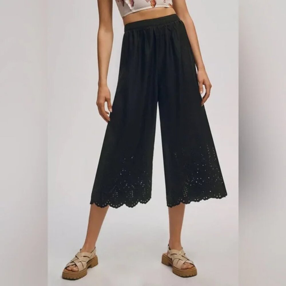 034 Anthropologie Wide Leg Eyelet Crop Pants Black NWOT Size 4
